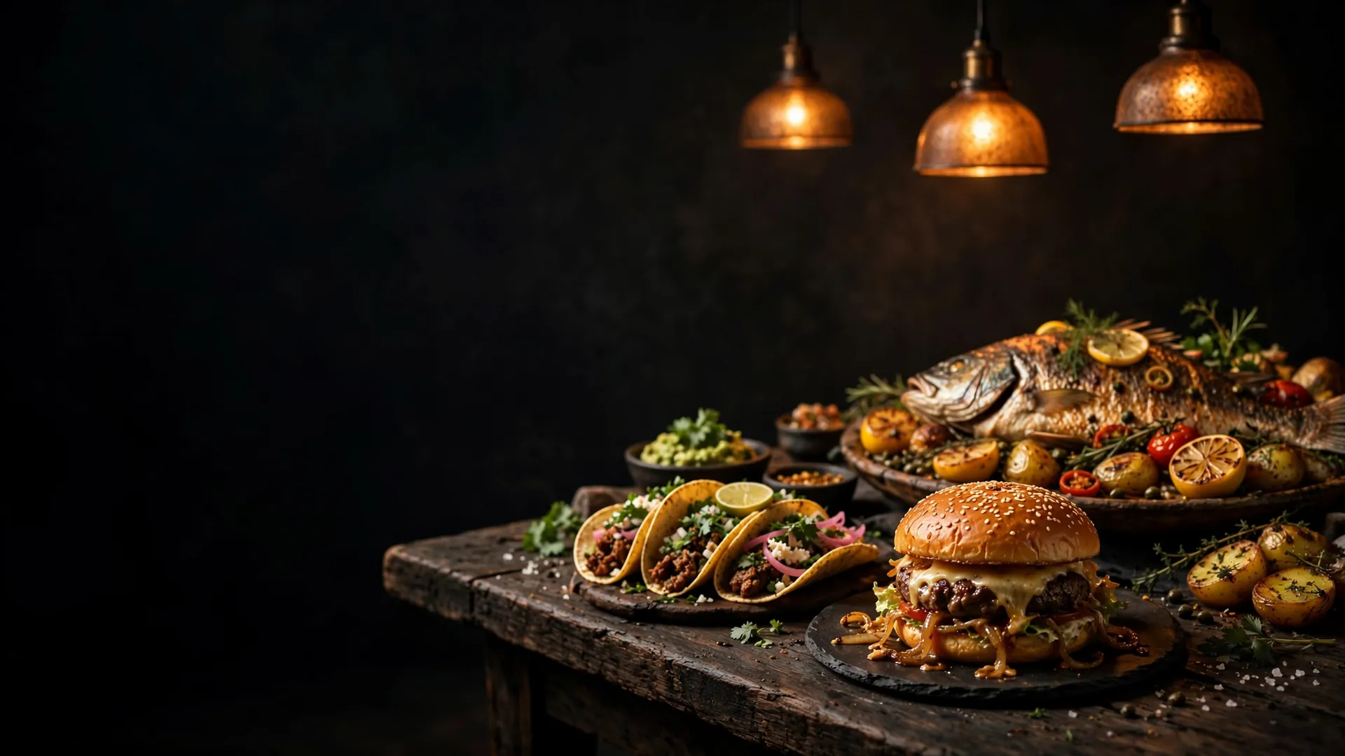 A long dark table with tacos, burgers and a fish platter under amber lights