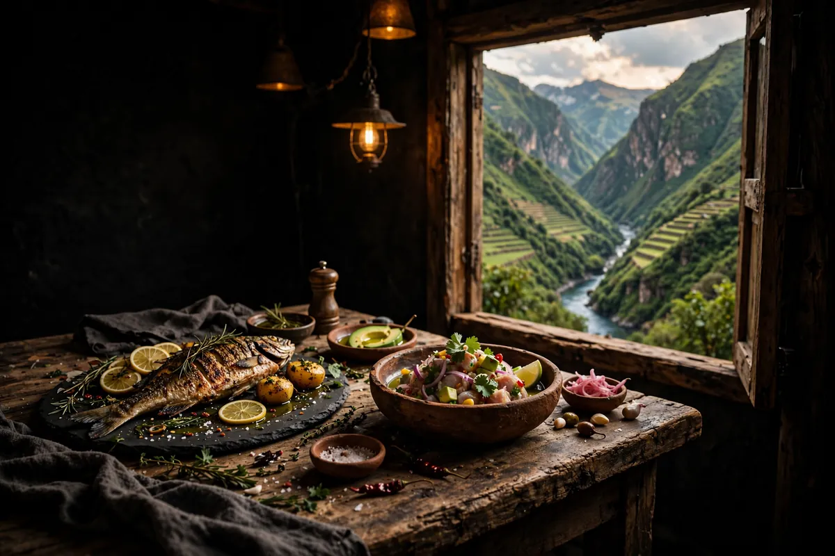 Fish dishes with a canyon view