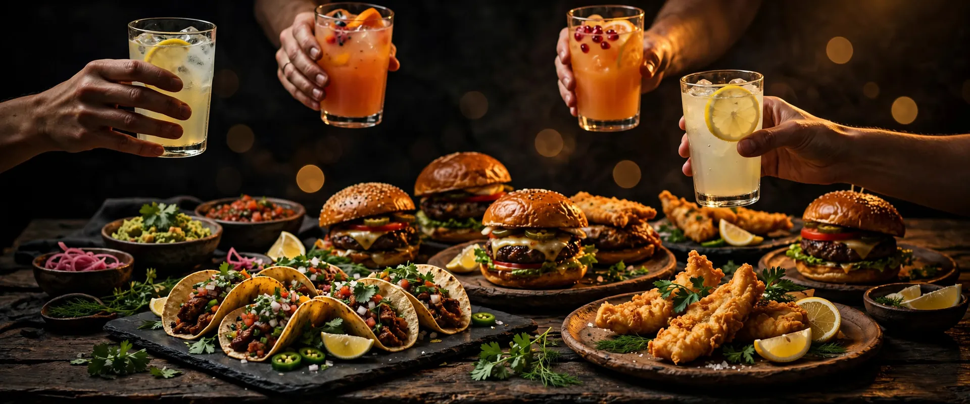 Hands raising glasses of lemonade and juice over shared plates
