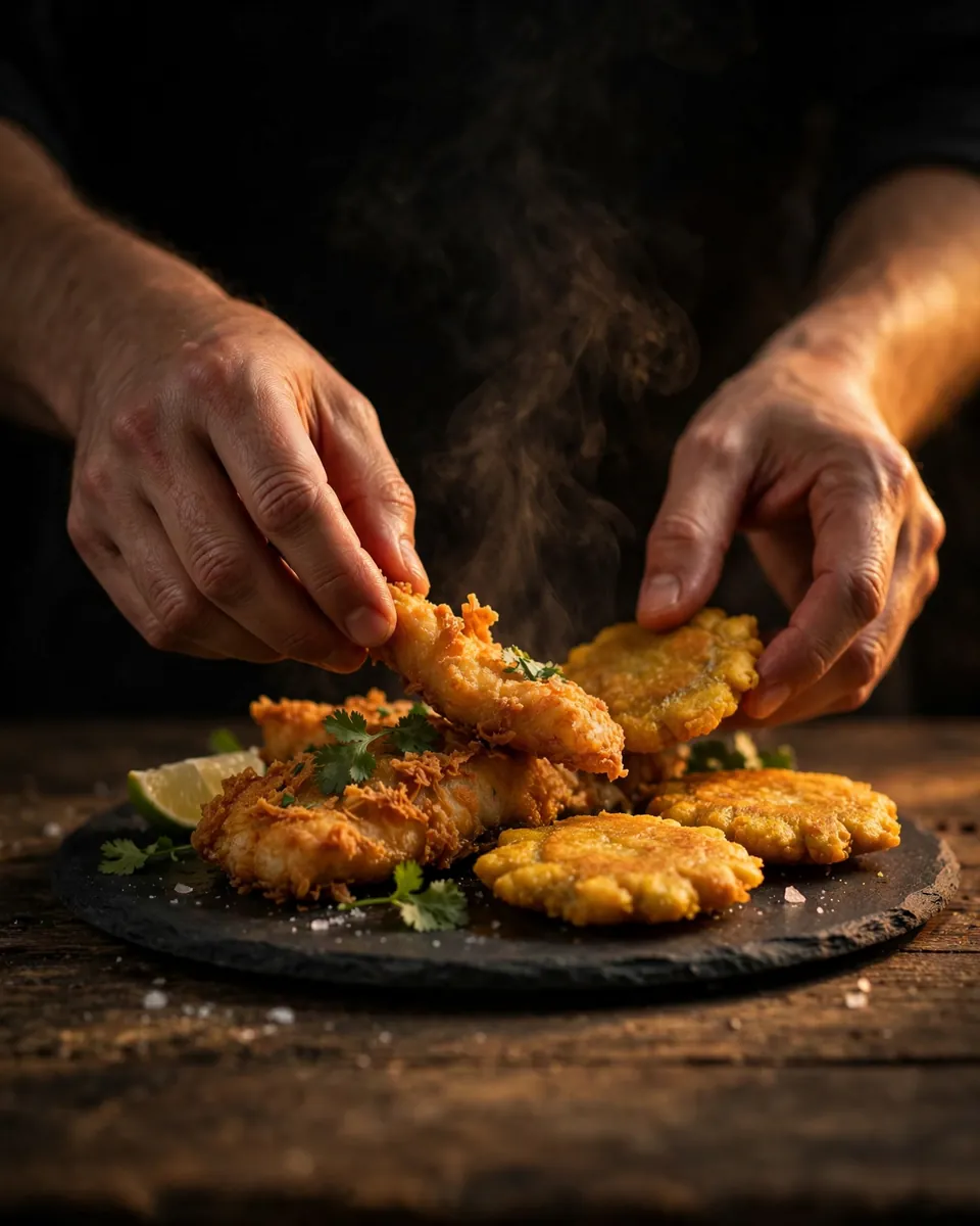 Hands plating fried fish with patacones